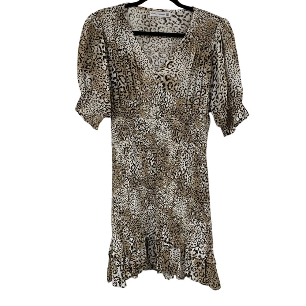 Faithful The Brand Margherita Brown Animal Print Smocked Mini Dress Womens 4